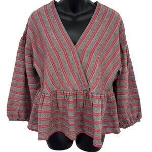 Madewell Gray Red Stripe Wrap Blouse Balloon Sleeves Size Medium M Ruffle New